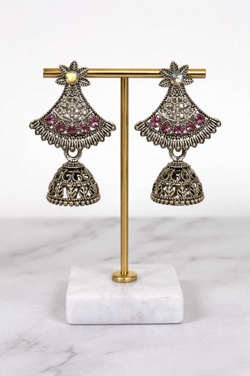Traditional Oxidized Silver Pink Stone Jhumka Earrings