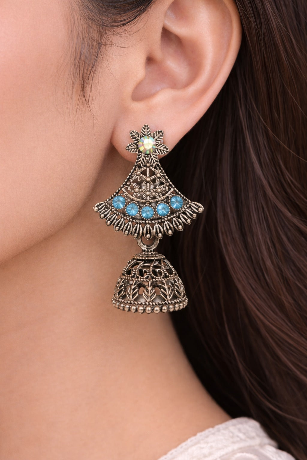 Traditional Oxidized Silver Blue Stone Jhumka Earrings