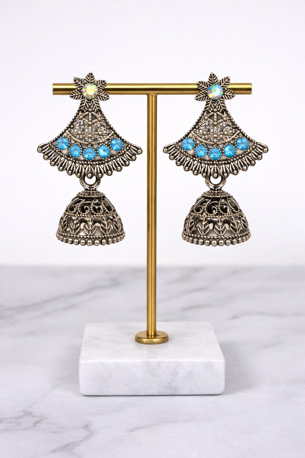 Traditional Oxidized Silver Blue Stone Jhumka Earrings