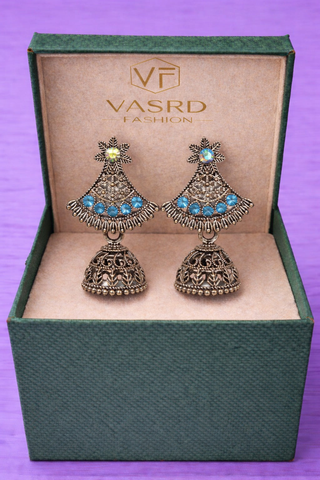 Traditional Oxidized Silver Blue Stone Jhumka Earrings