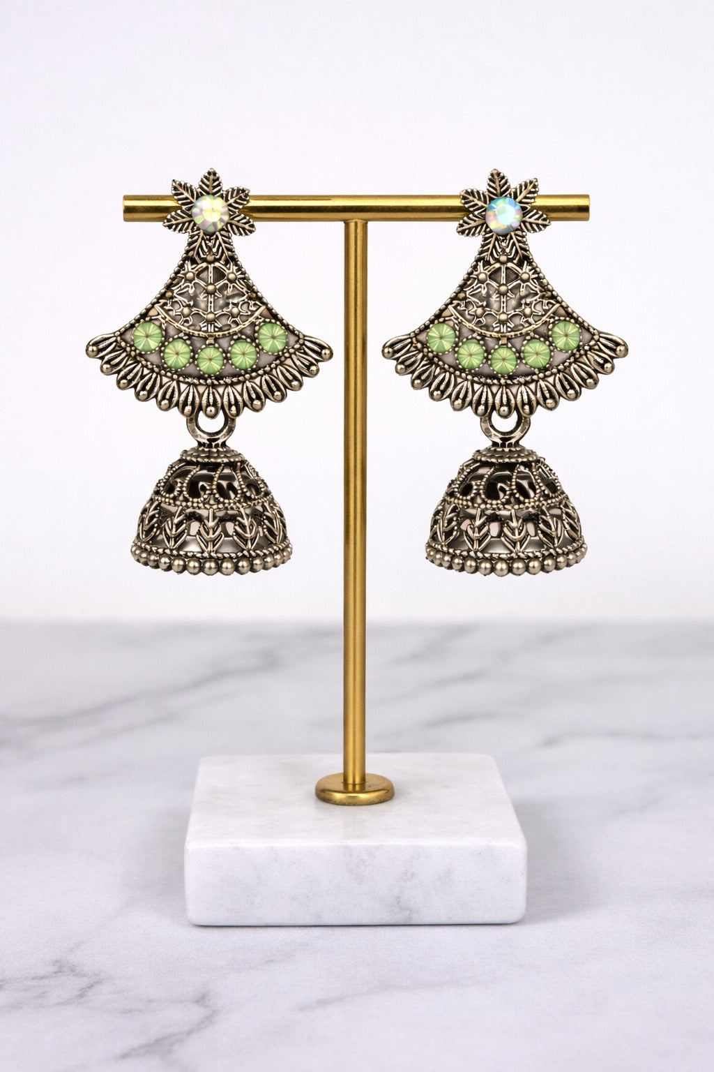 Traditional Oxidized Silver Green Stone Jhumka Earrings