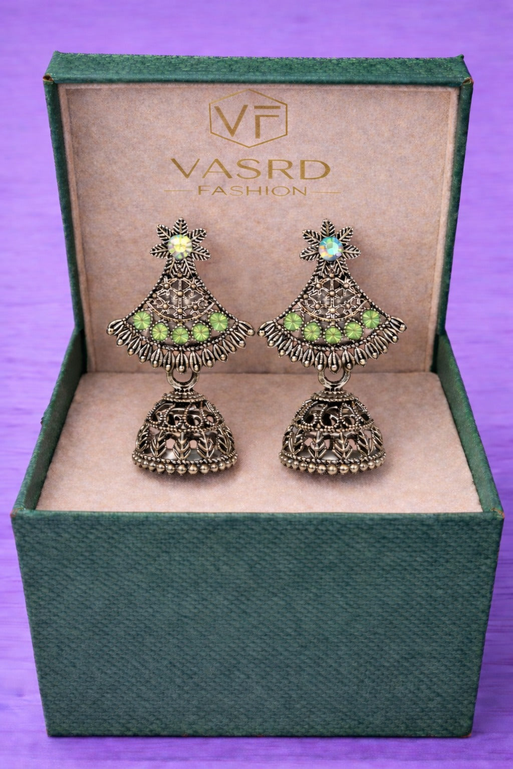 Traditional Oxidized Silver Green Stone Jhumka Earrings