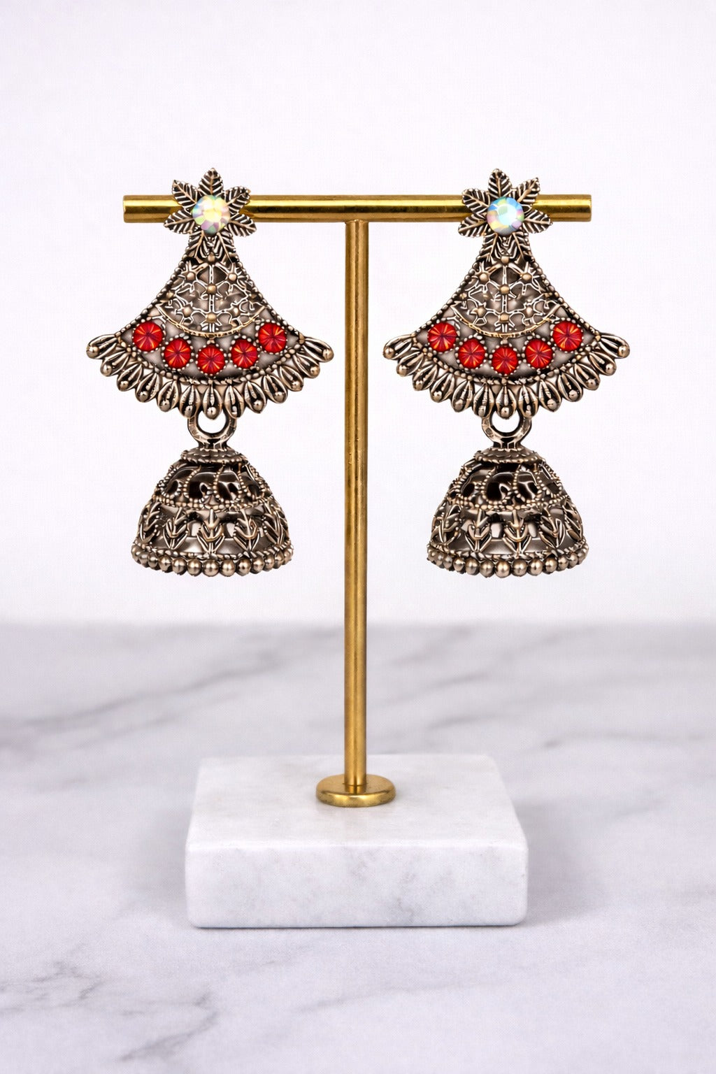 Traditional Oxidized Silver Red Stone Jhumka Earrings