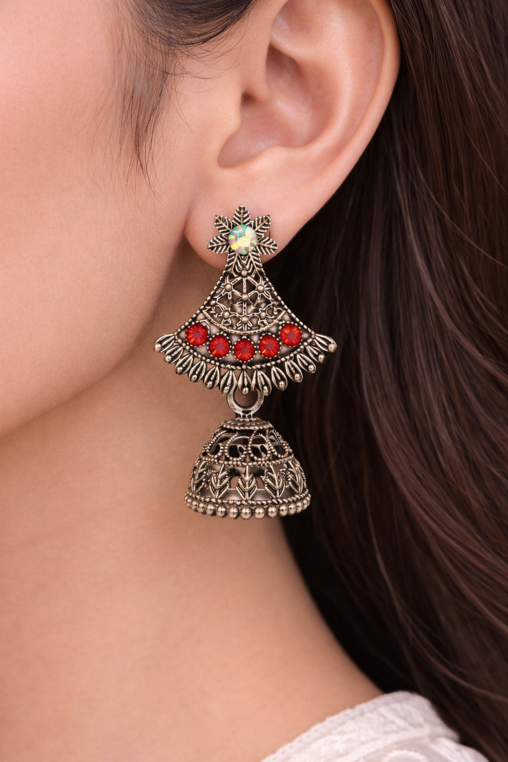 Traditional Oxidized Silver Red Stone Jhumka Earrings