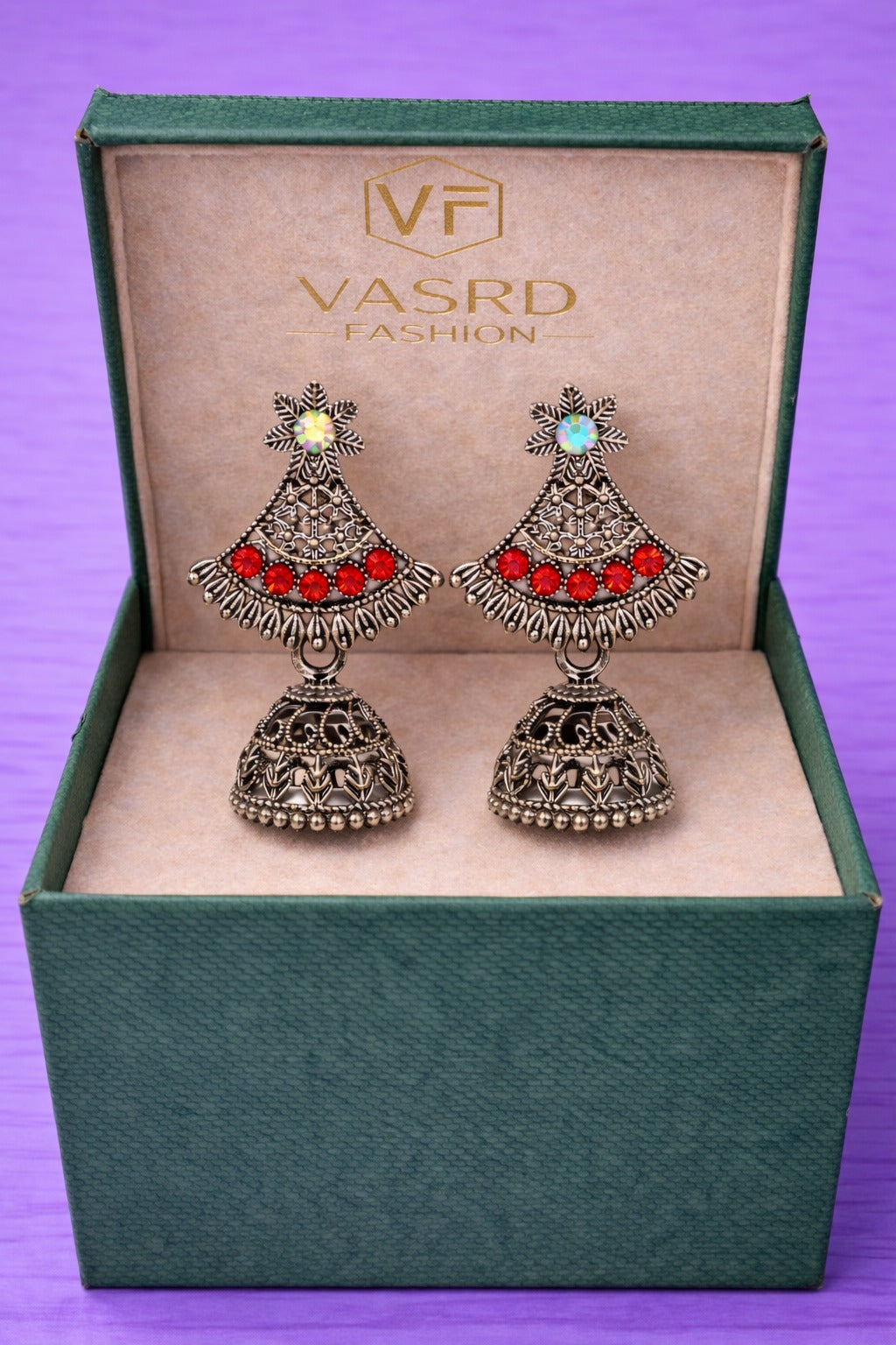 Traditional Oxidized Silver Red Stone Jhumka Earrings