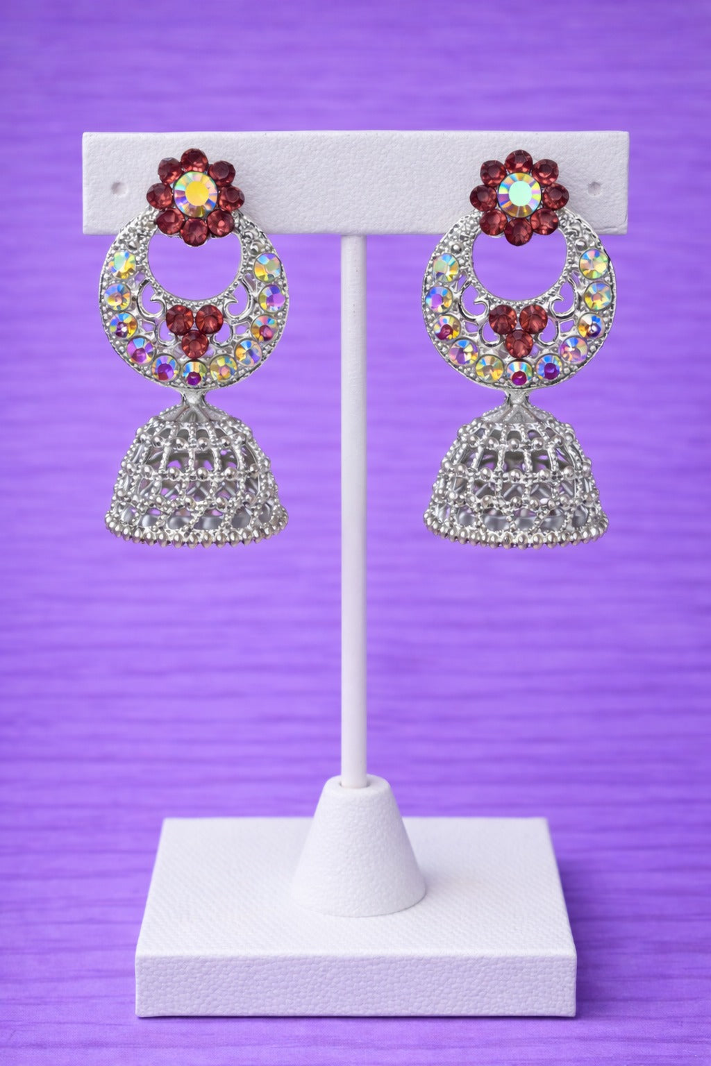 Oxidized Silver Red & Multicolor Stone Jhumka Earrings