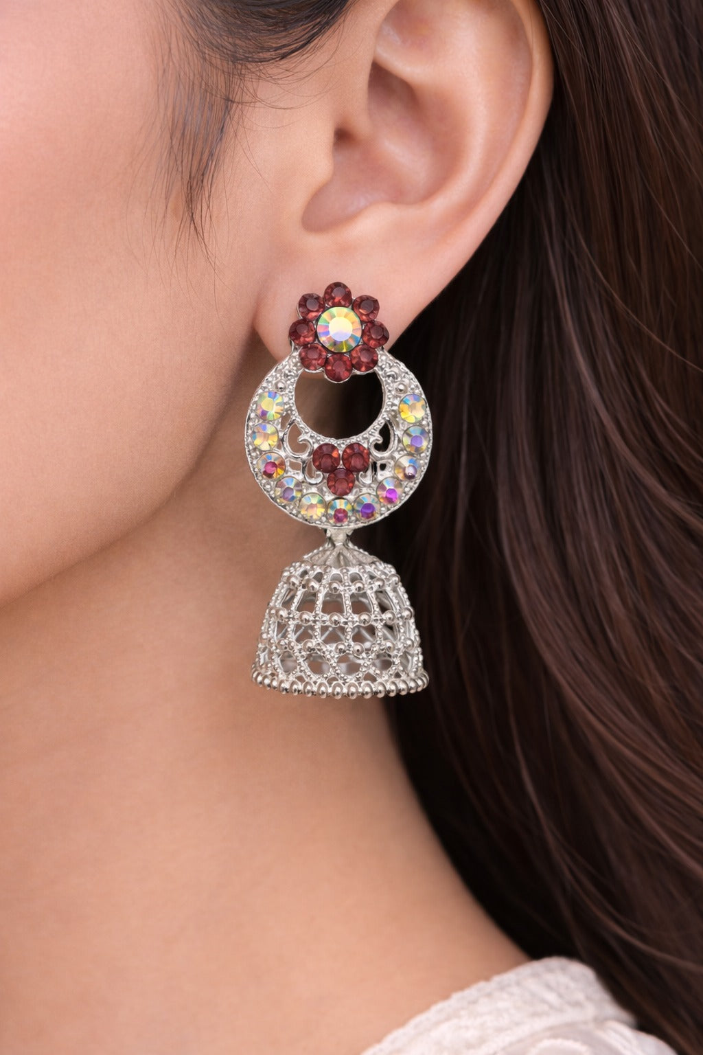 Oxidized Silver Red & Multicolor Stone Jhumka Earrings