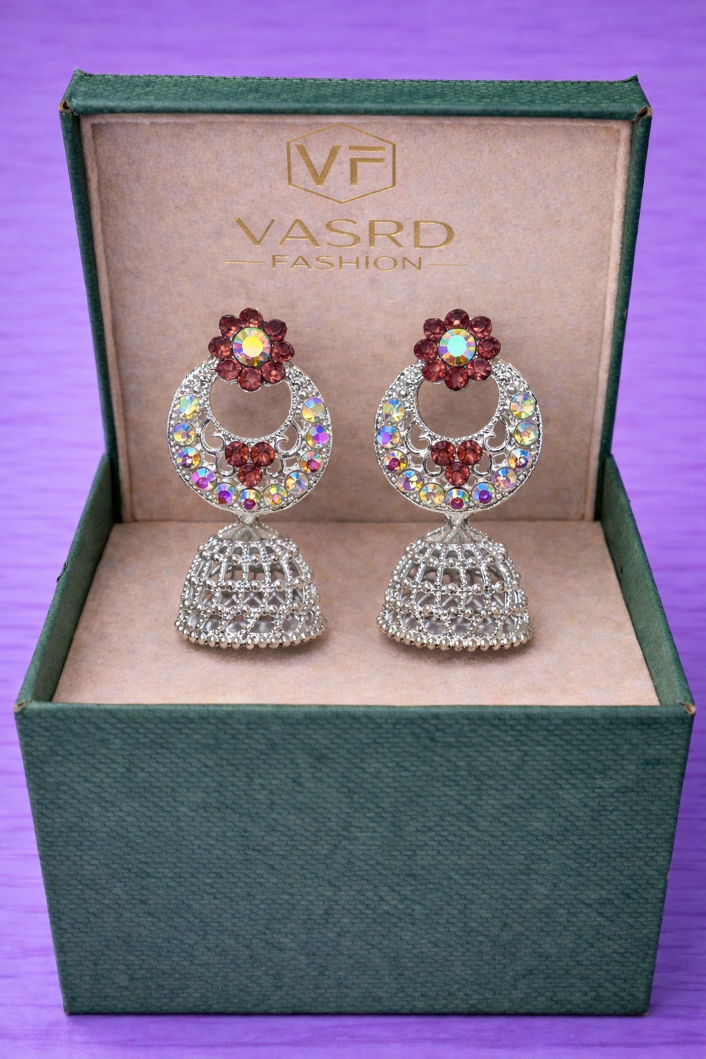 Oxidized Silver Red & Multicolor Stone Jhumka Earrings