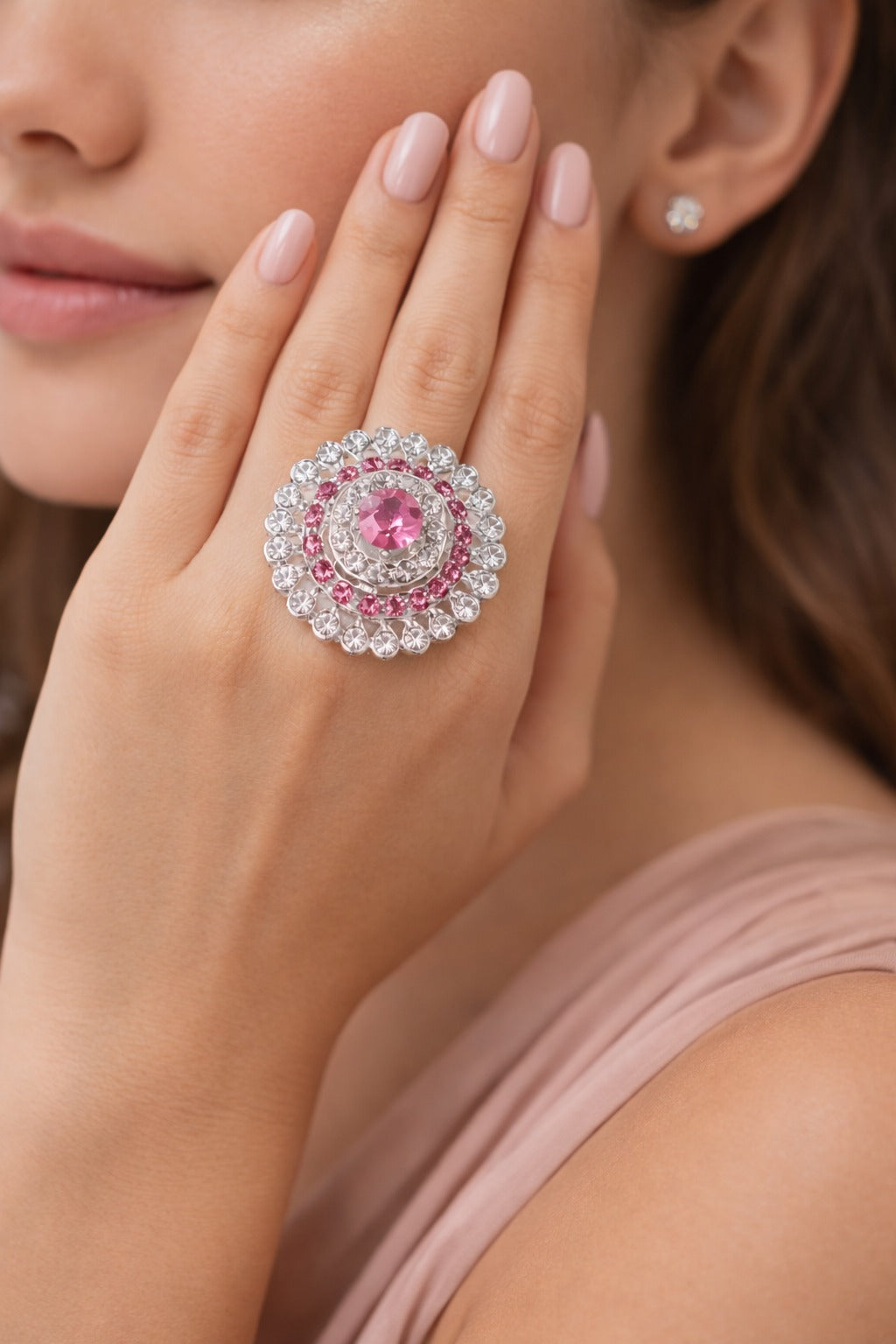 Elegant Pink Crystal Halo Statement Ring in Silver Tone