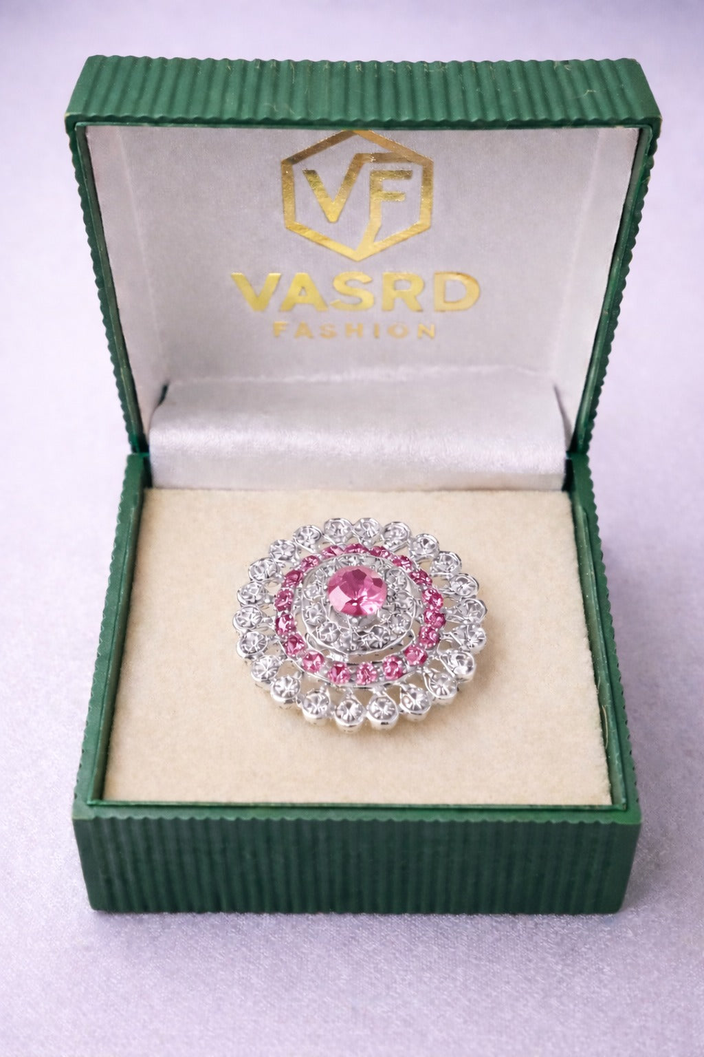 Elegant Pink Crystal Halo Statement Ring in Silver Tone