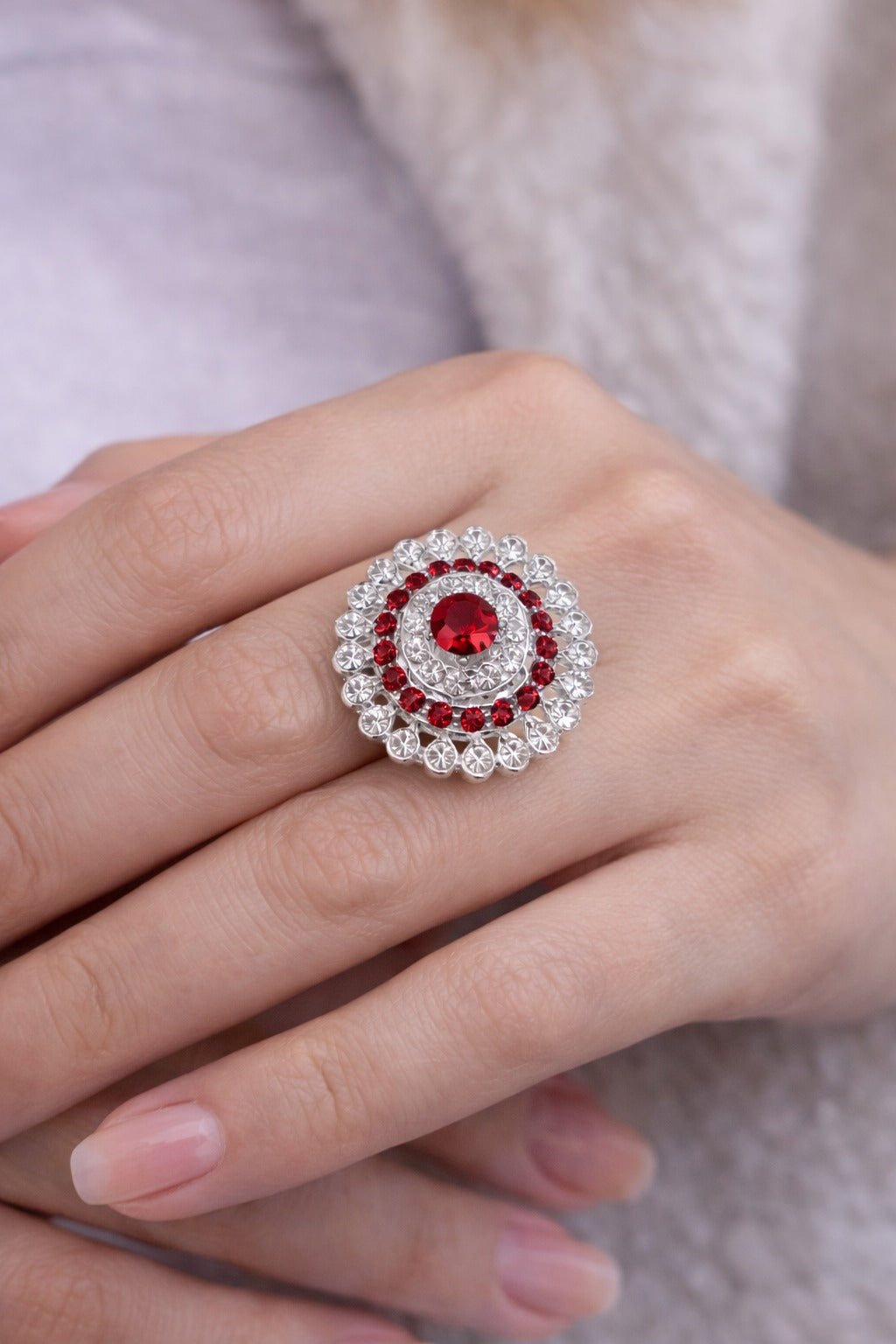 Silver-Tone Red Crystal Halo Statement Ring