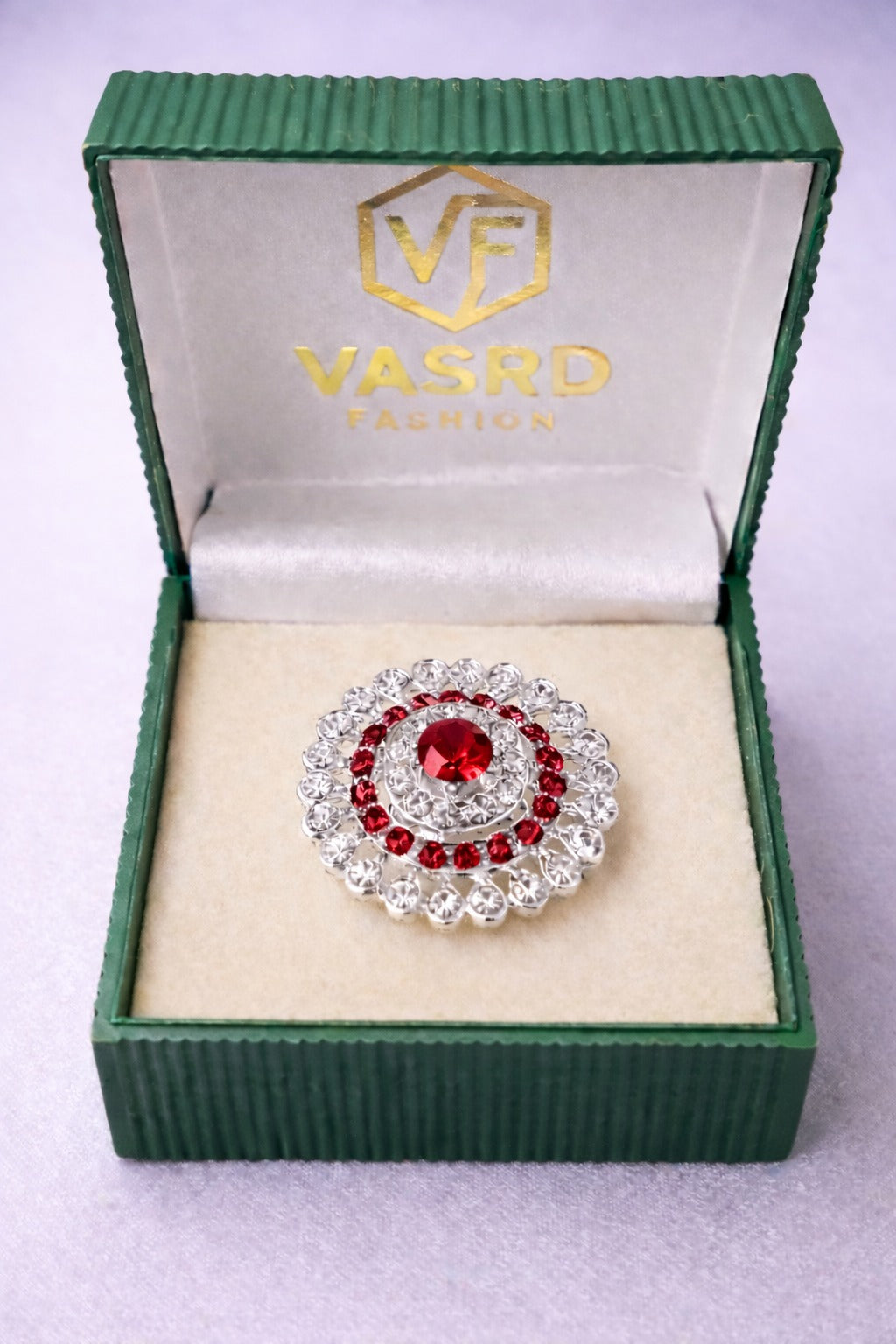 Silver-Tone Red Crystal Halo Statement Ring