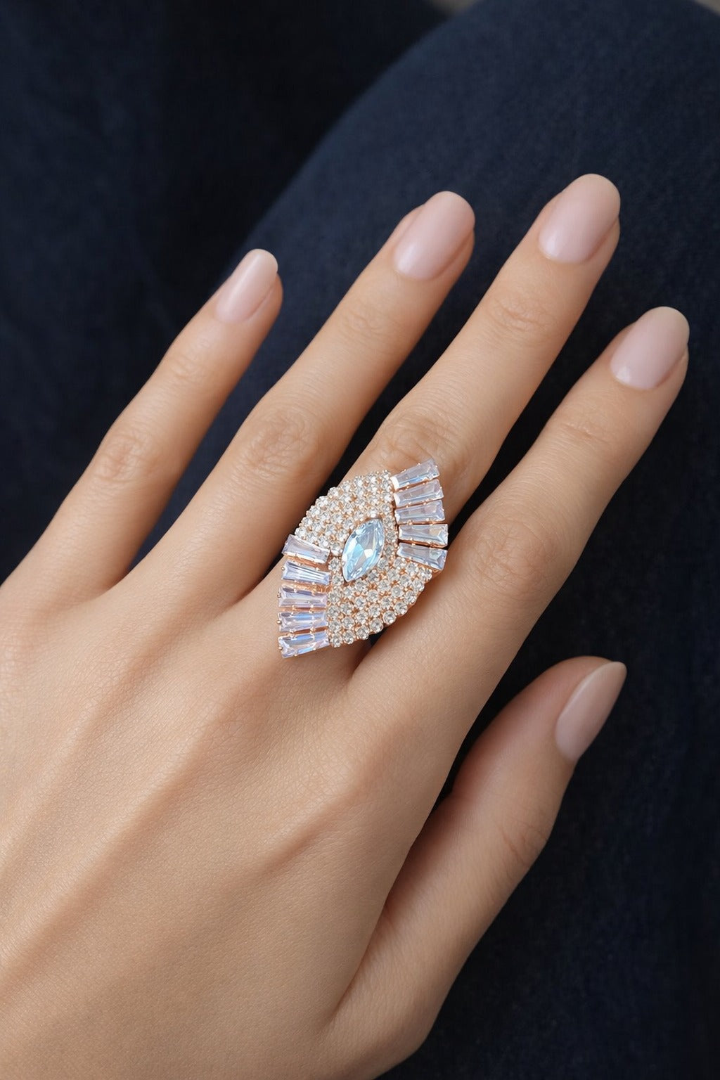 Rose Gold-Tone Blue Crystal Statement Ring