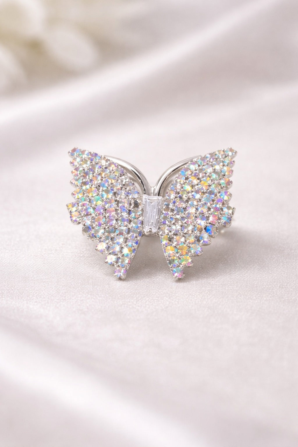 Elegant Sparkling Butterfly Statement Ring in Silver Finish