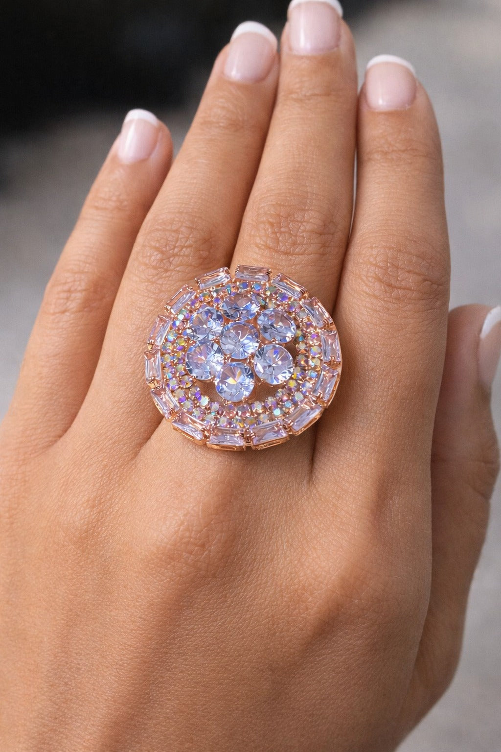 Rose Gold Multistone Crystal Halo Statement Ring