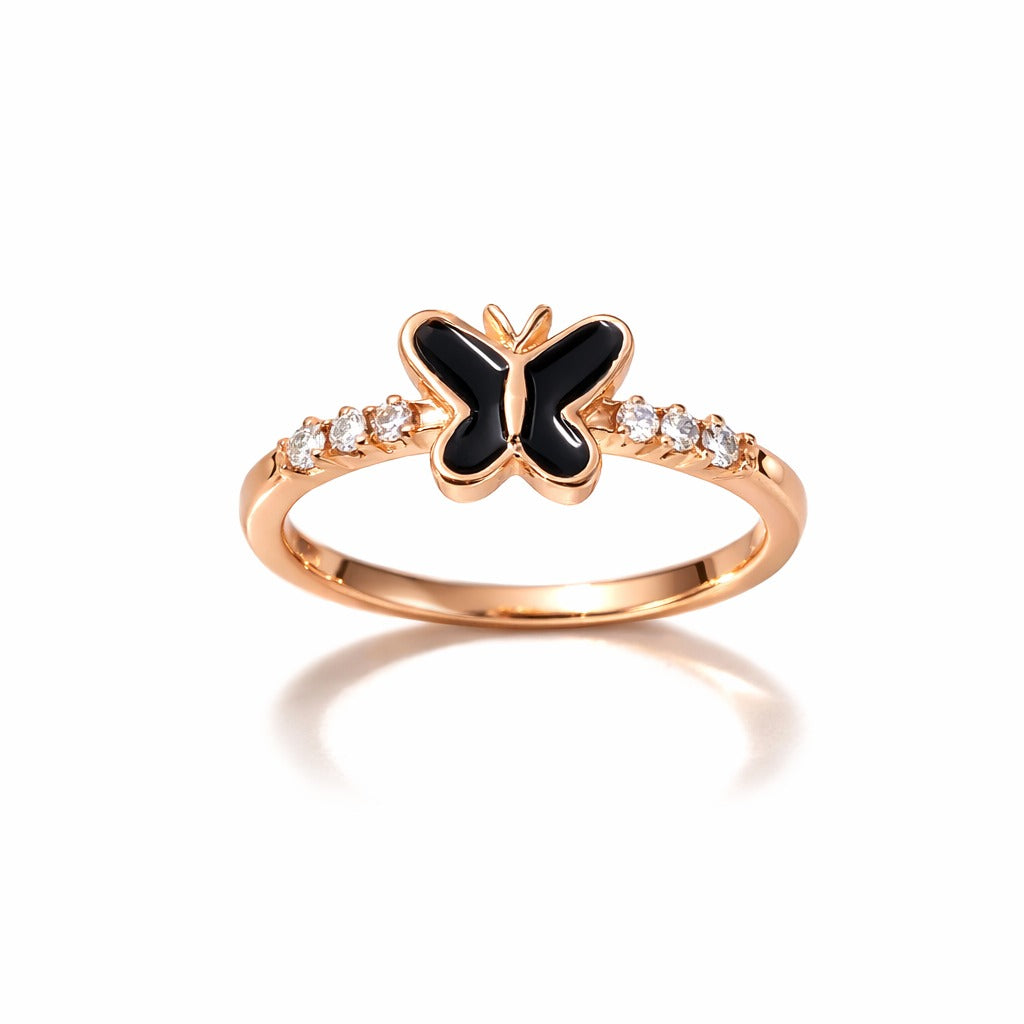 Rose Gold Black Butterfly Crystal Accent Ring