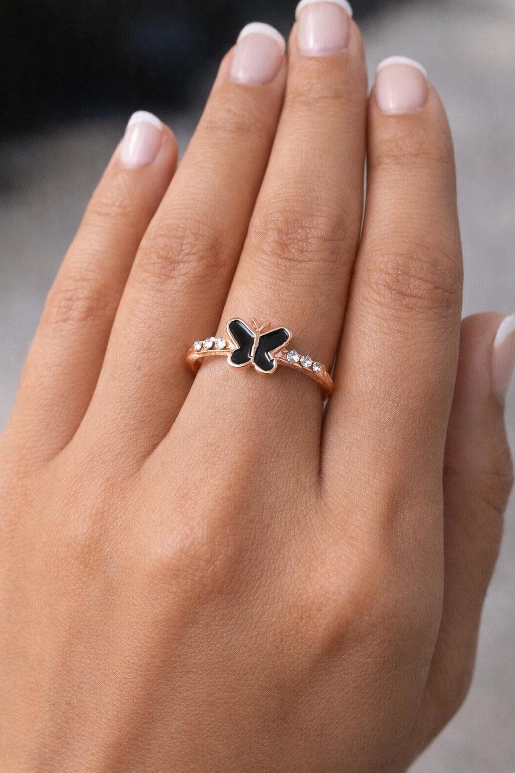 Rose Gold Black Butterfly Crystal Accent Ring