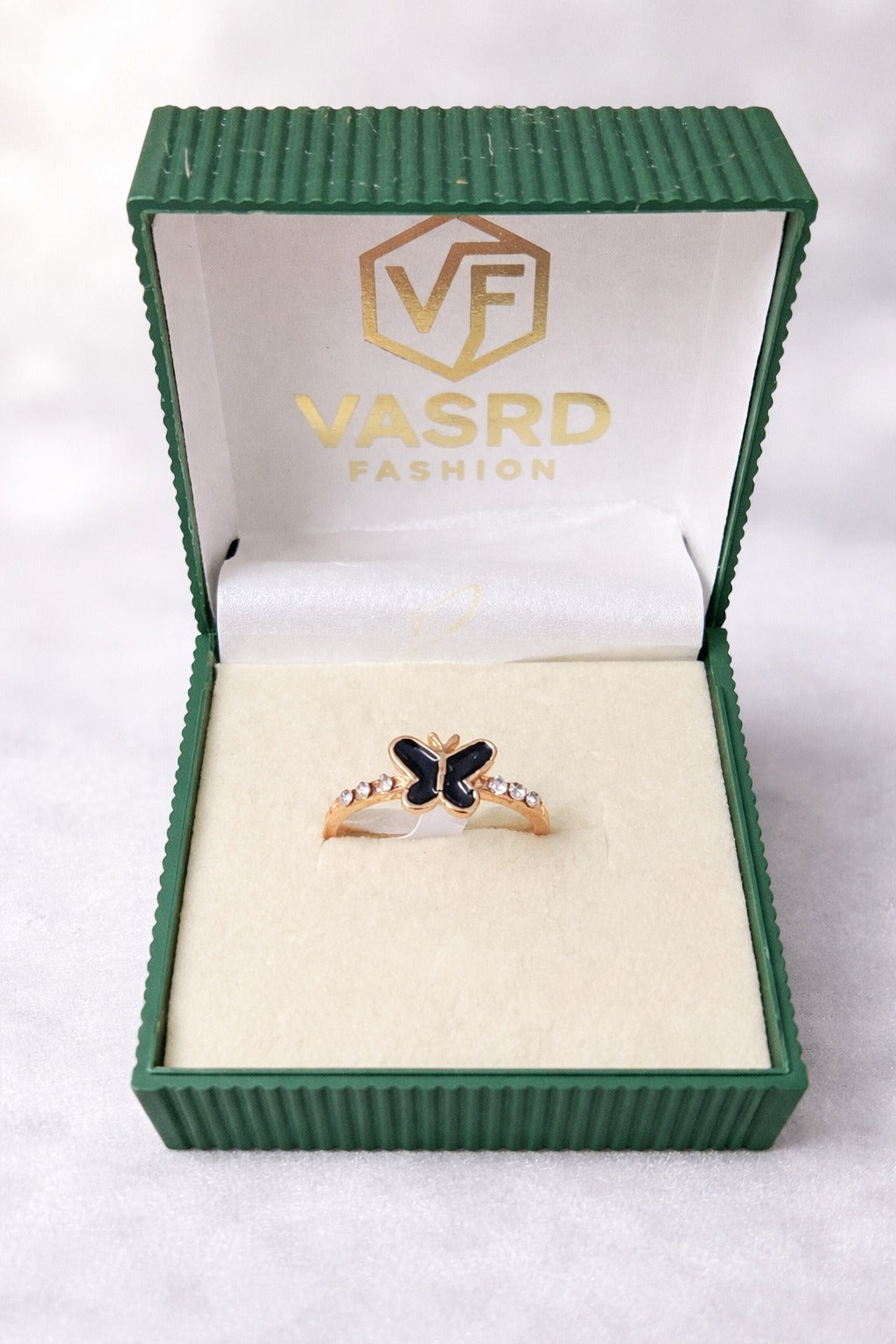 Rose Gold Black Butterfly Crystal Accent Ring