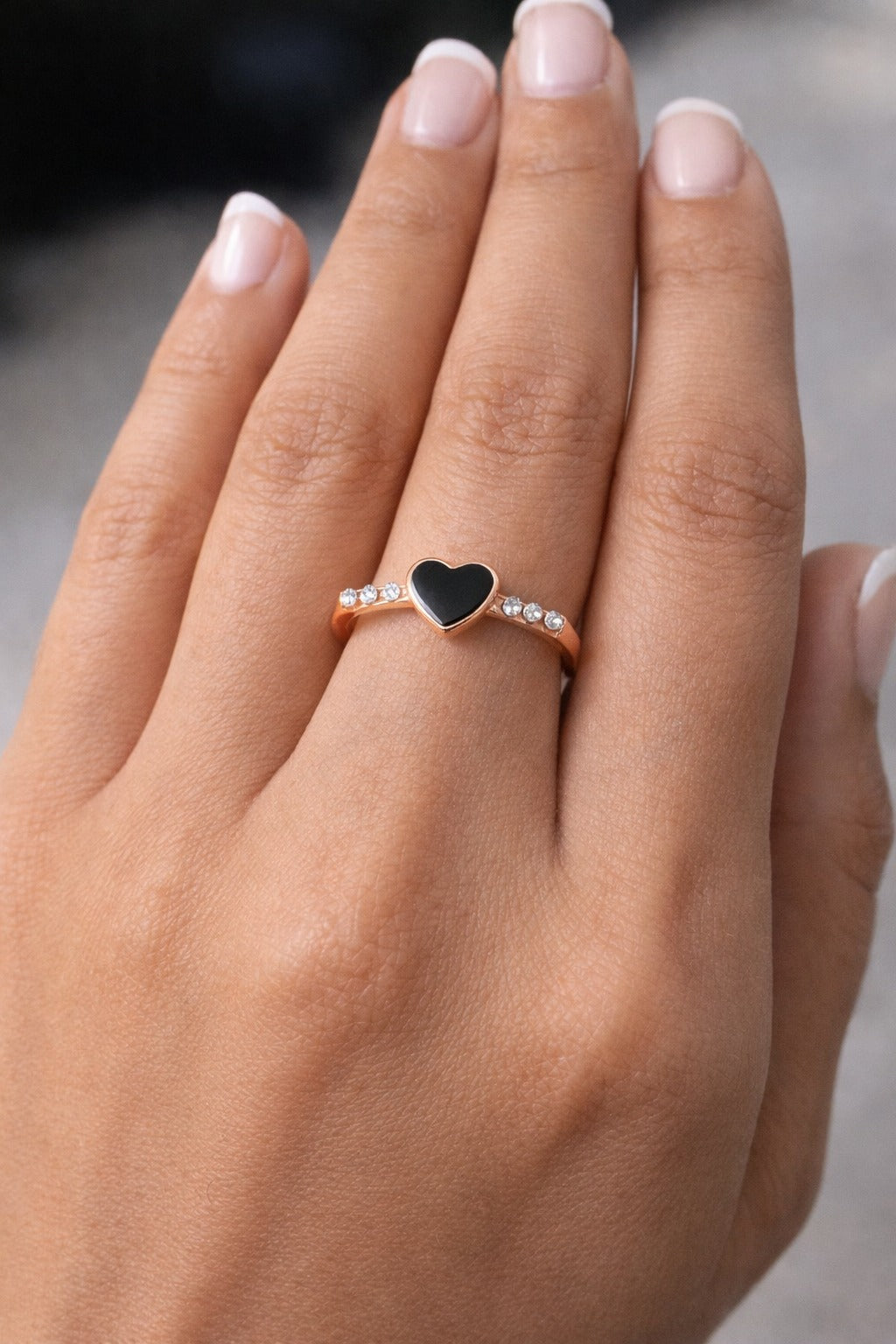 Rose Gold Black Heart Crystal Accent Ring