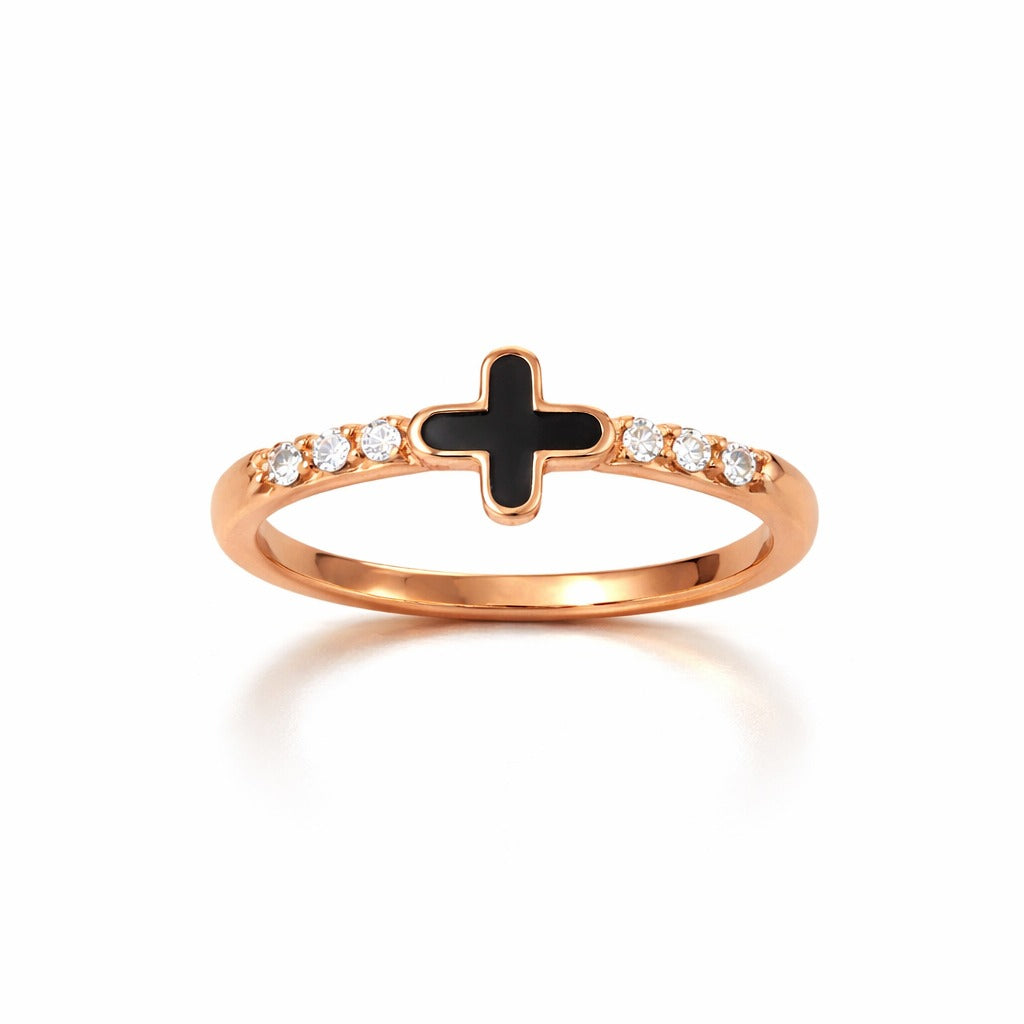 Rose Gold Black Cross Crystal Accent Ring