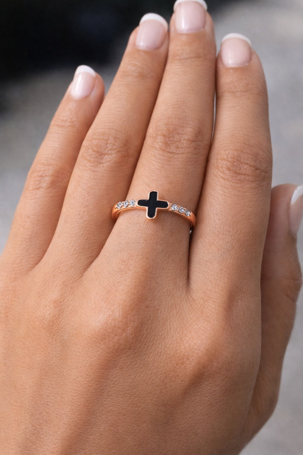 Rose Gold Black Cross Crystal Accent Ring