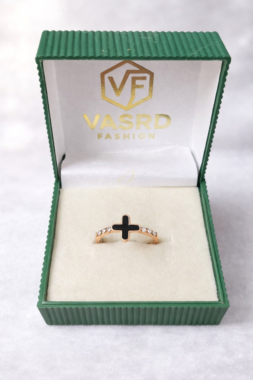 Rose Gold Black Cross Crystal Accent Ring