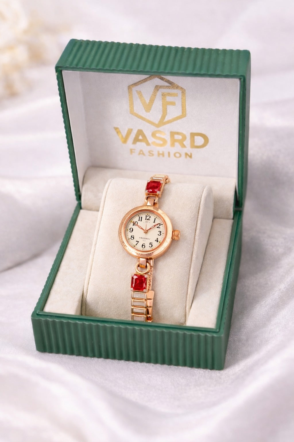 Elegant Rose Gold Women’s Bracelet Watch with Red Crystal Accents