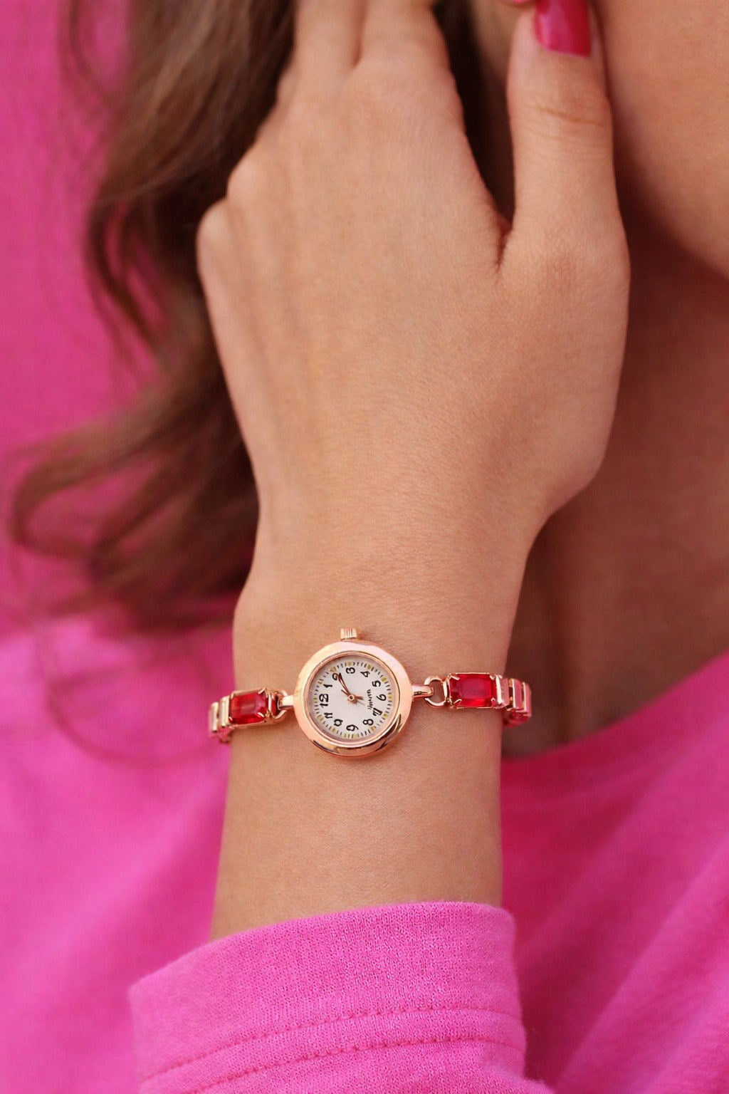 Elegant Rose Gold Women’s Bracelet Watch with Red Crystal Accents