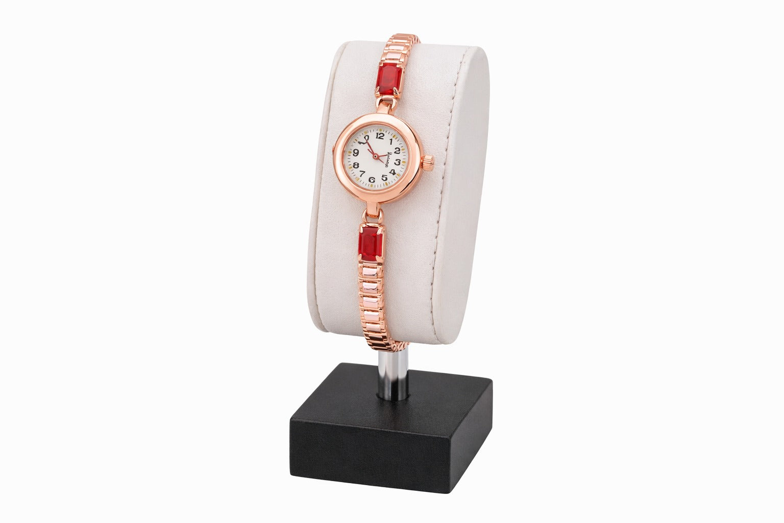 Elegant Rose Gold Women’s Bracelet Watch with Red Crystal Accents