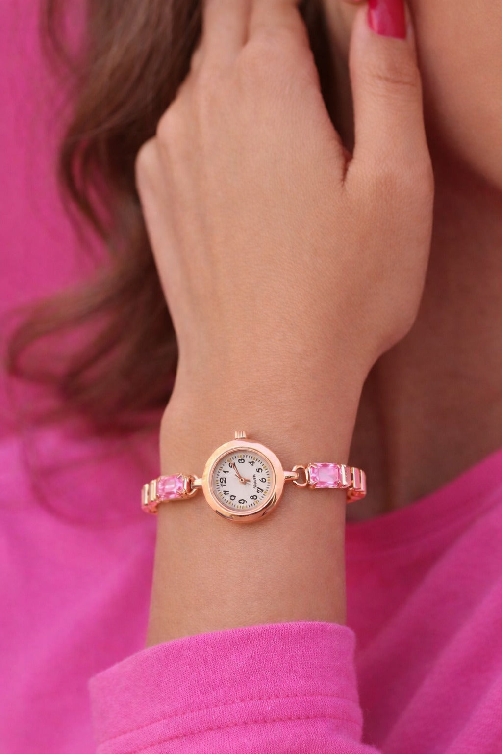 Elegant Rose Gold Women’s Bracelet Watch with Pink Crystal Accents