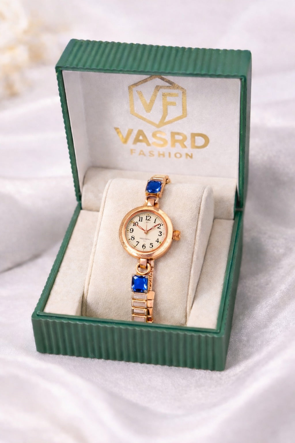 Elegant Rose Gold Women’s Bracelet Watch with Blue Crystal Accents