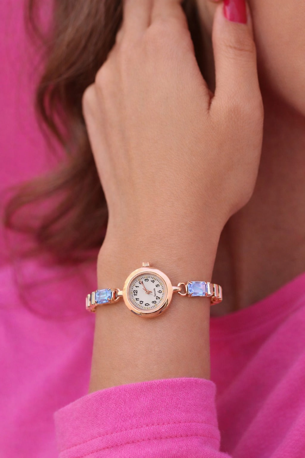 Elegant Rose Gold Women’s Bracelet Watch with Sky Blue Crystal Accents