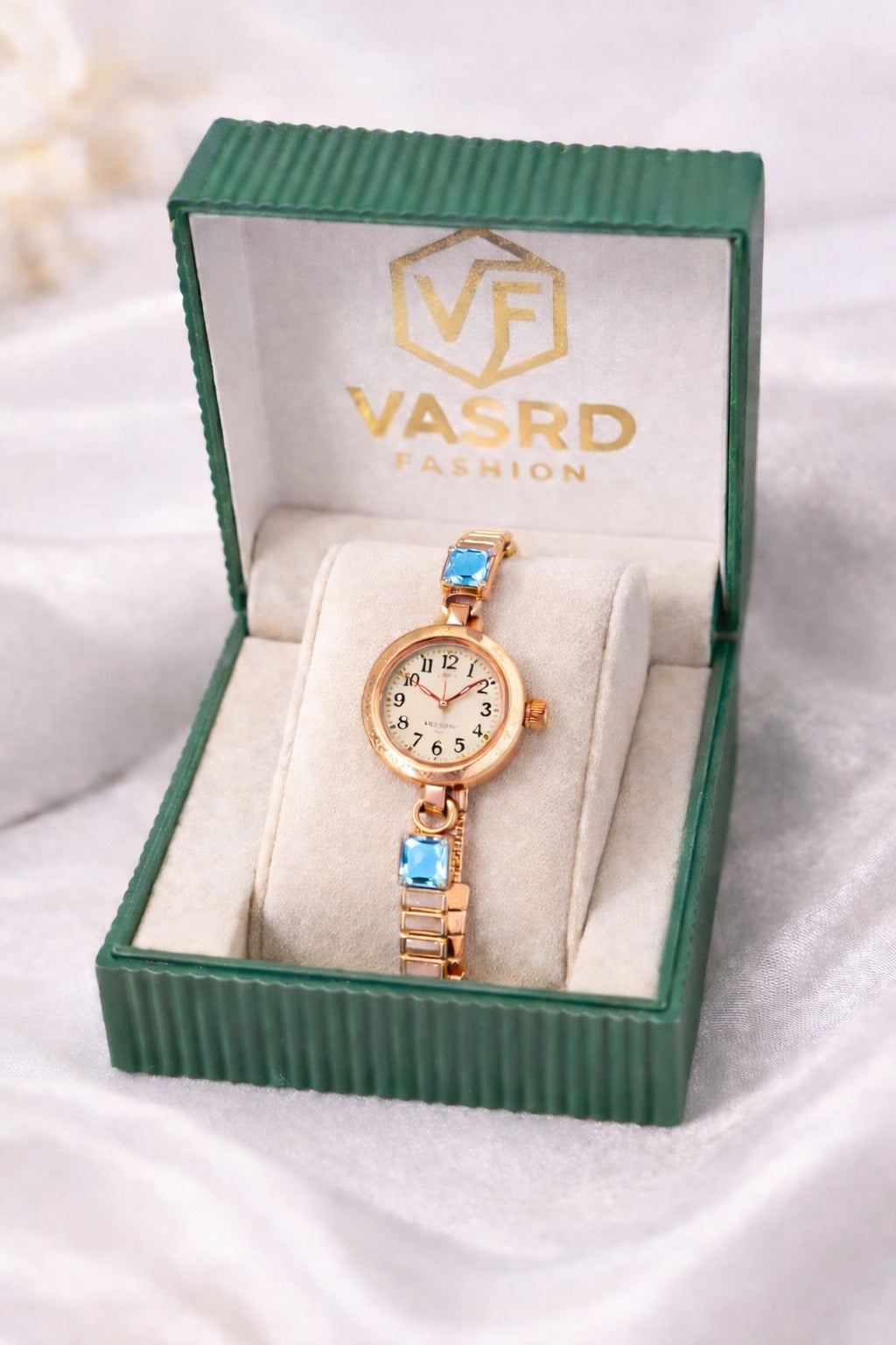 Elegant Rose Gold Women’s Bracelet Watch with Sky Blue Crystal Accents