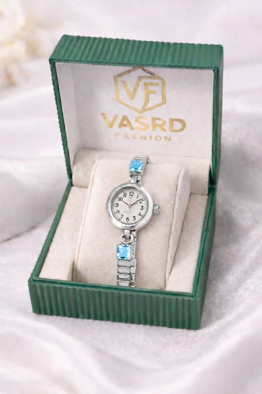 Elegant Silver Women’s Bracelet Watch with Sky Blue Crystal Accents