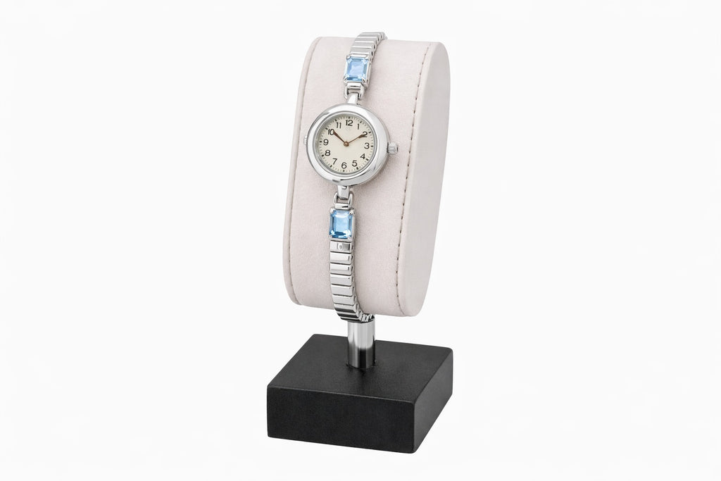 Elegant Silver Women’s Bracelet Watch with Sky Blue Crystal Accents