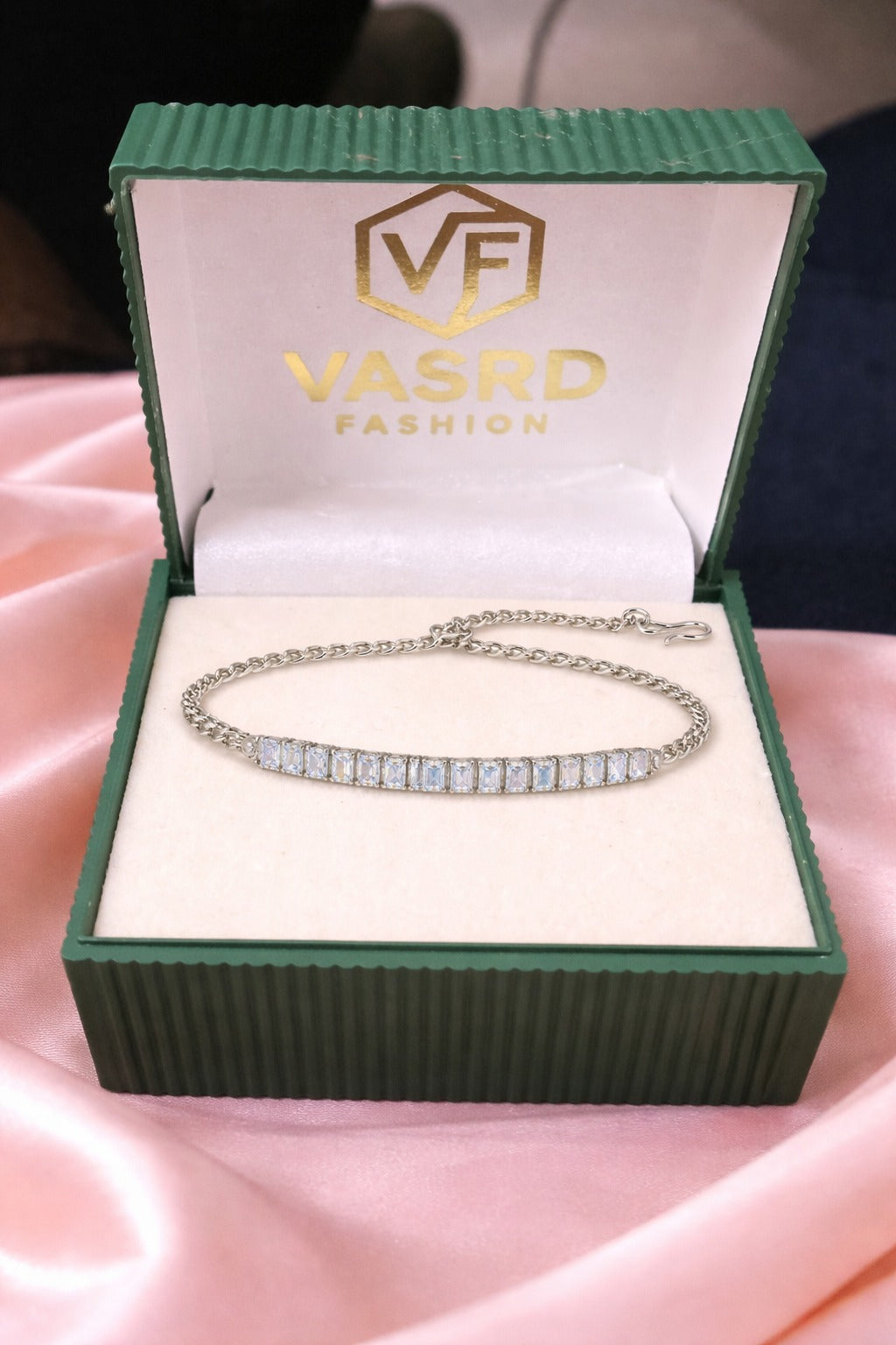 Elegant Rectangular Crystal Silver Chain Bracelet