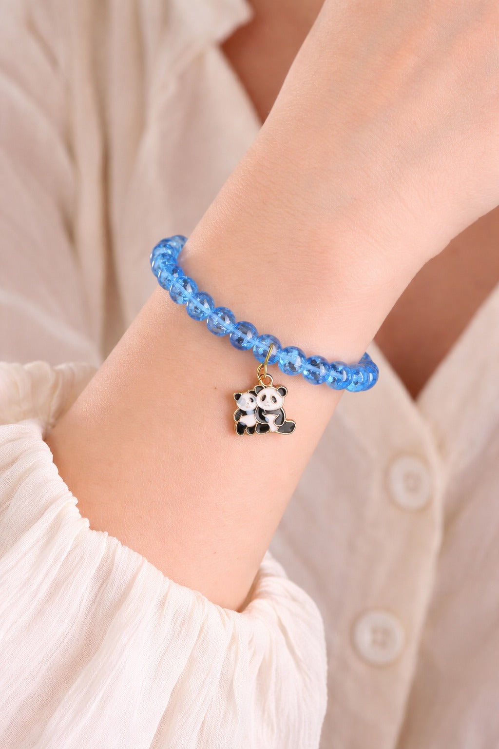 Blue Glass Beaded Bracelet with Panda Charm