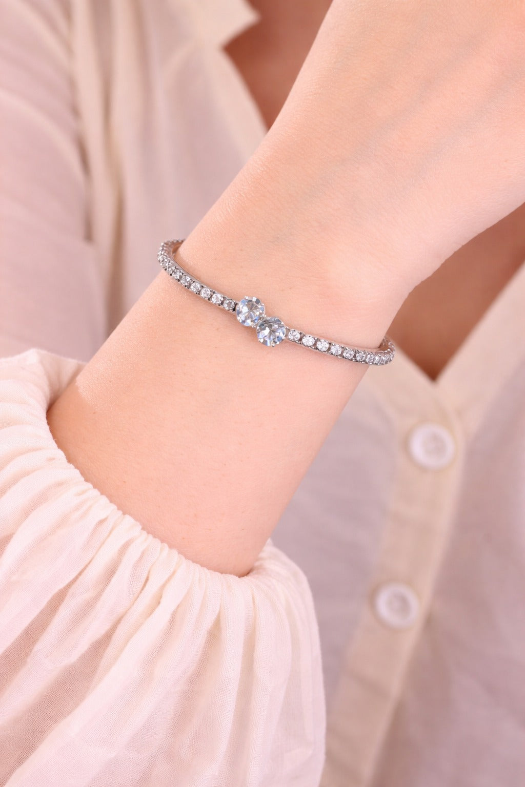 Elegant Dual Stone Crystal Silver Bangle Bracelet