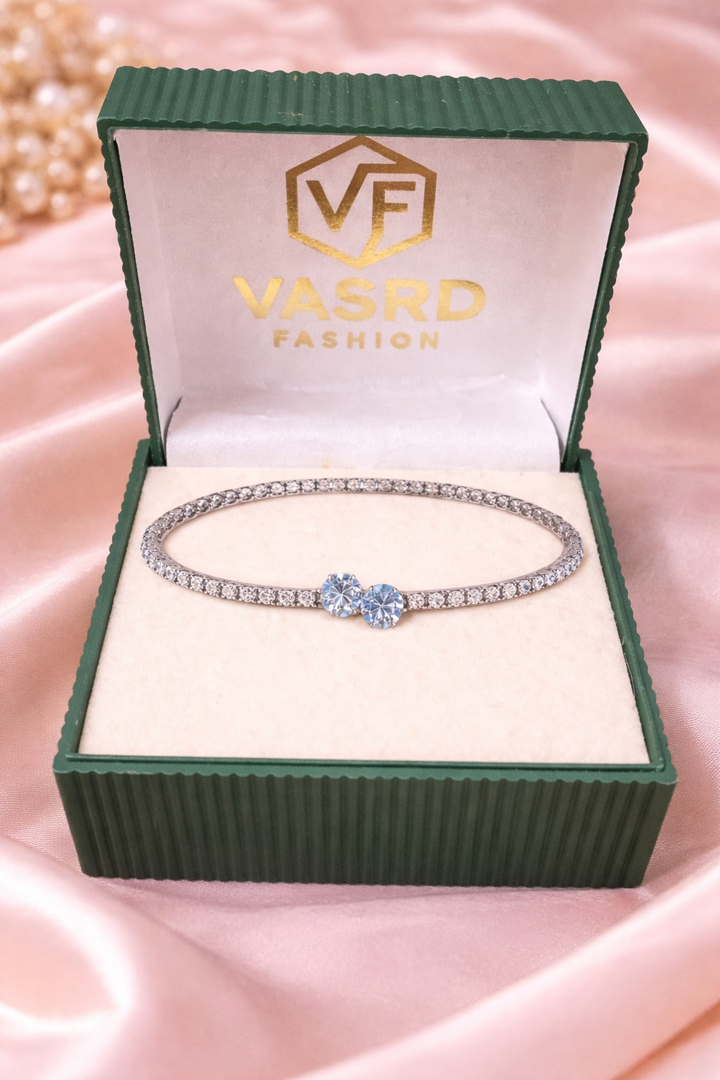 Elegant Dual Stone Crystal Silver Bangle Bracelet
