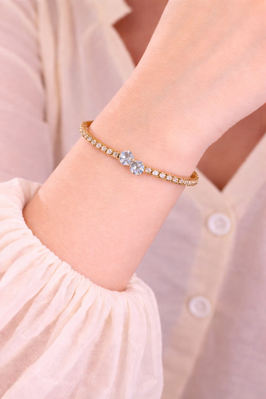 Elegant Dual Stone Crystal Gold Bangle Bracelet