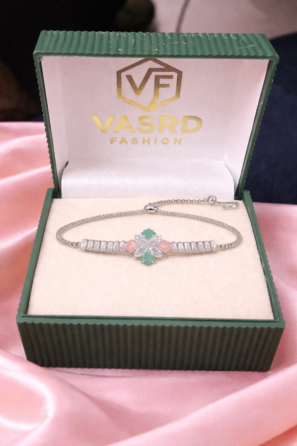 Elegant Floral Multicolor Crystal Silver Chain Bracelet