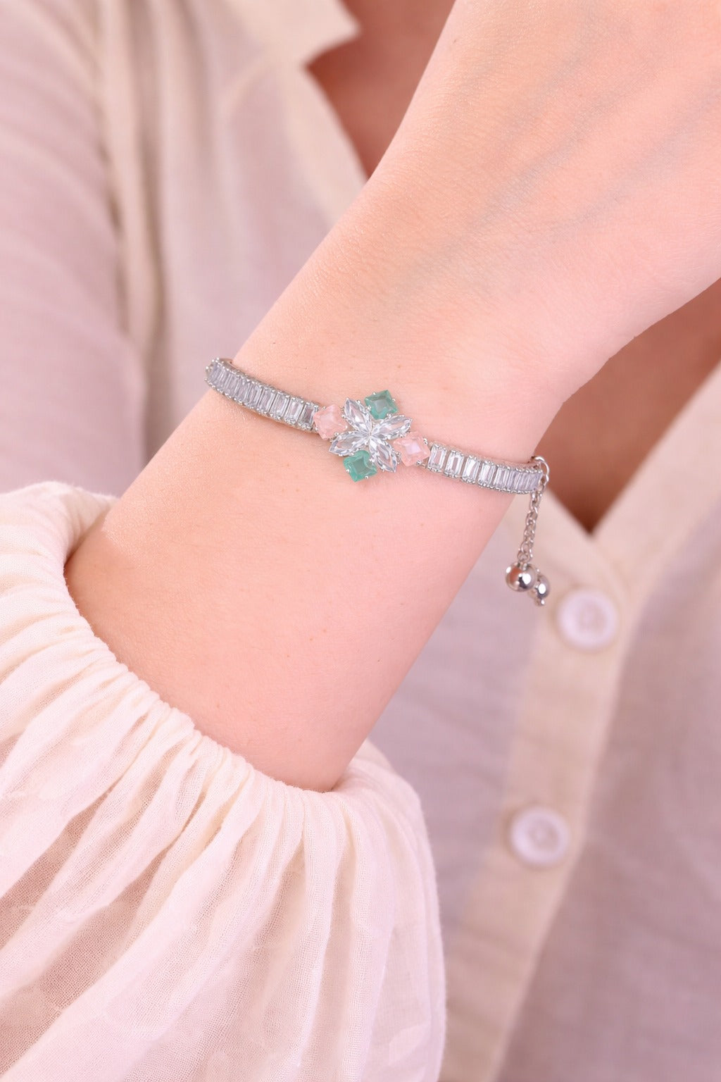 Elegant Floral Multicolor Crystal Silver Chain Bracelet