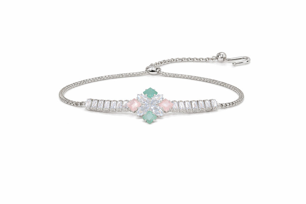 Elegant Floral Multicolor Crystal Silver Chain Bracelet