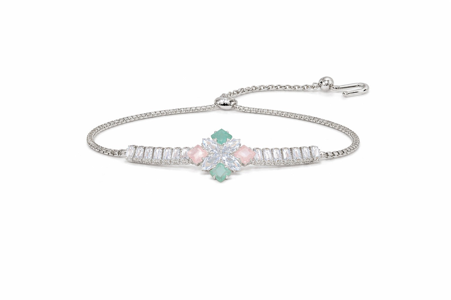 Elegant Floral Multicolor Crystal Silver Chain Bracelet