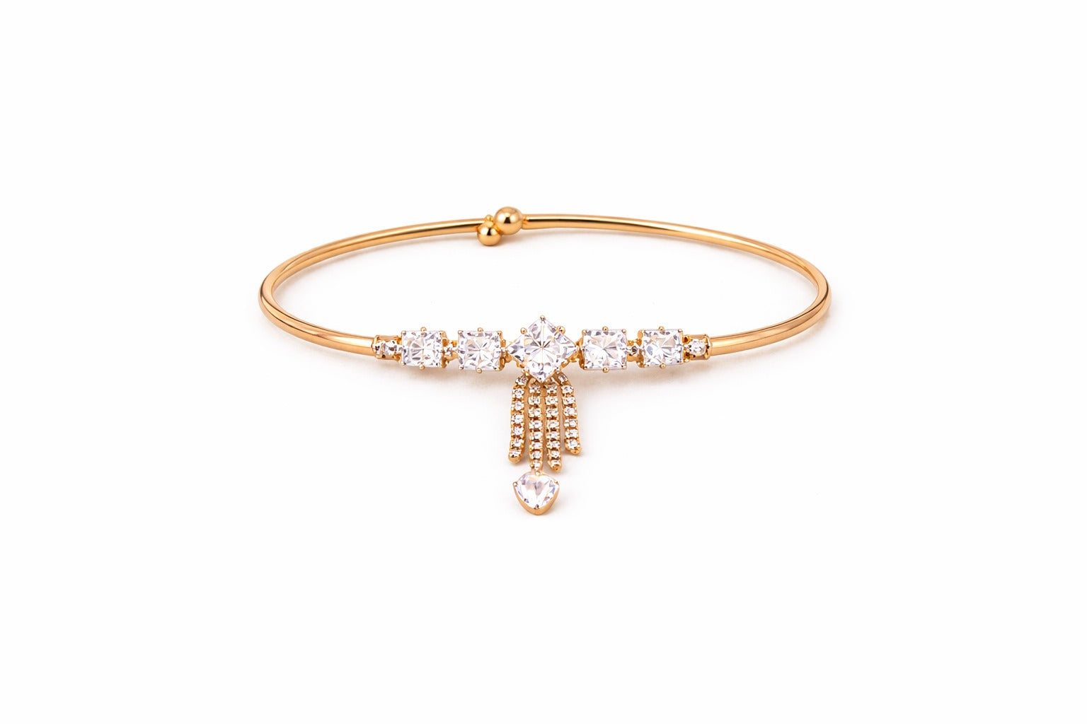Elegant Gold-Plated Crystal Charm Bracelet with Dangling Tassel & Heart Drop for Women