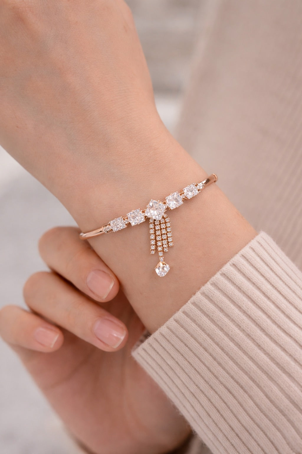 Elegant Gold-Plated Crystal Charm Bracelet with Dangling Tassel & Heart Drop for Women