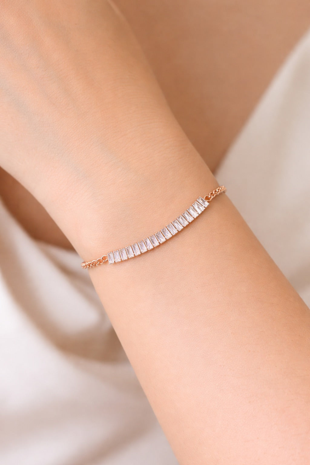 Elegant Rose Gold Baguette Crystal Chain Bracelet for Women