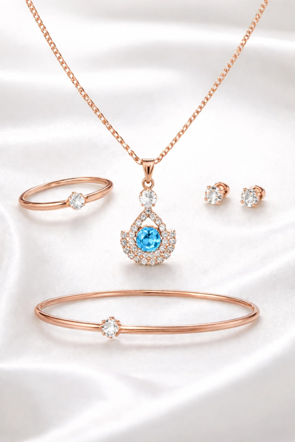 Elegant Rose Gold Blue Stone Pendant Jewelry Set with Bracelet, Ring & Stud Earrings