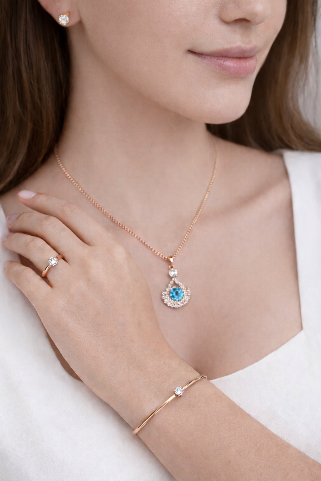 Elegant Rose Gold Blue Stone Pendant Jewelry Set with Bracelet, Ring & Stud Earrings