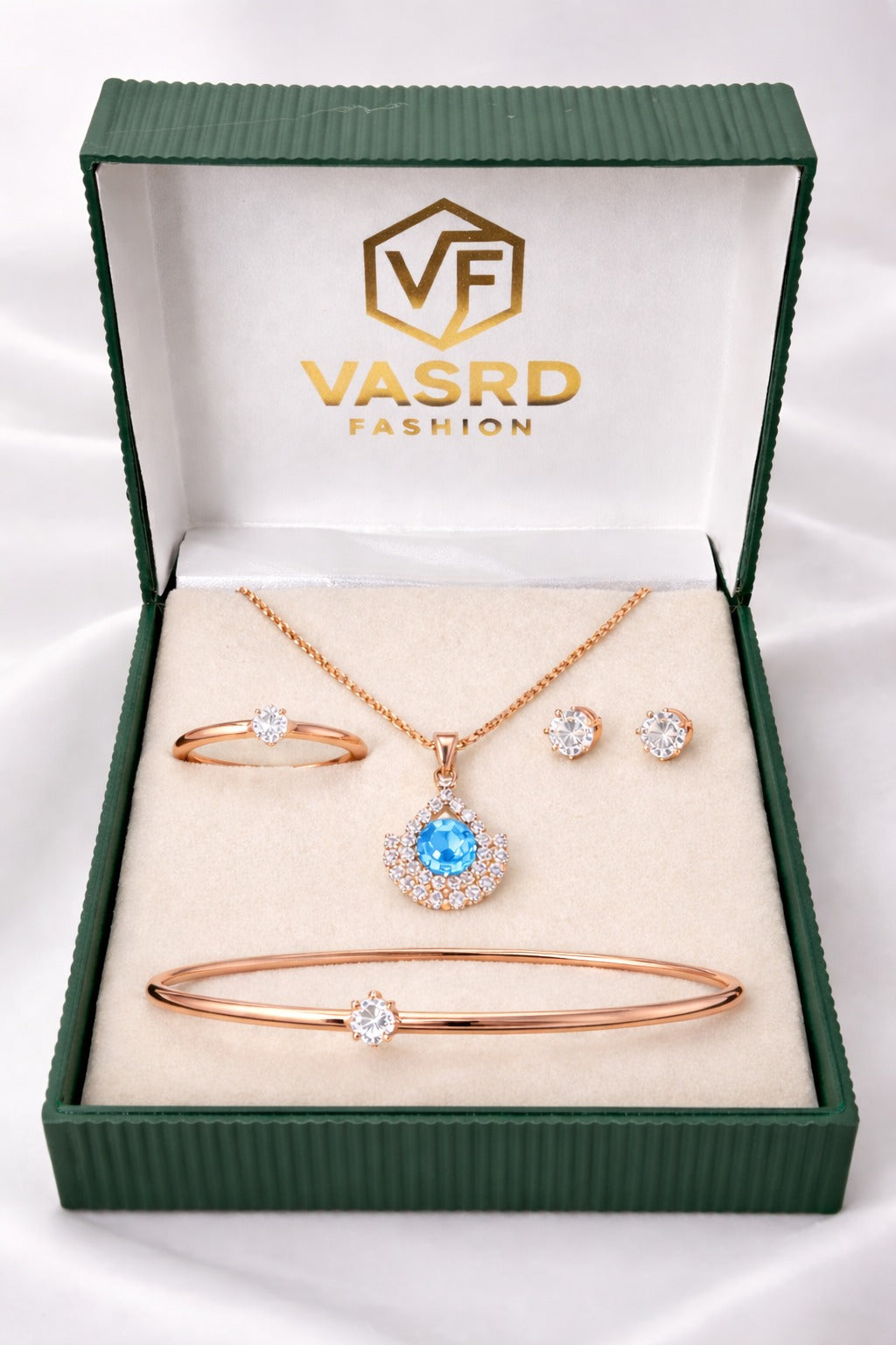 Elegant Rose Gold Blue Stone Pendant Jewelry Set with Bracelet, Ring & Stud Earrings
